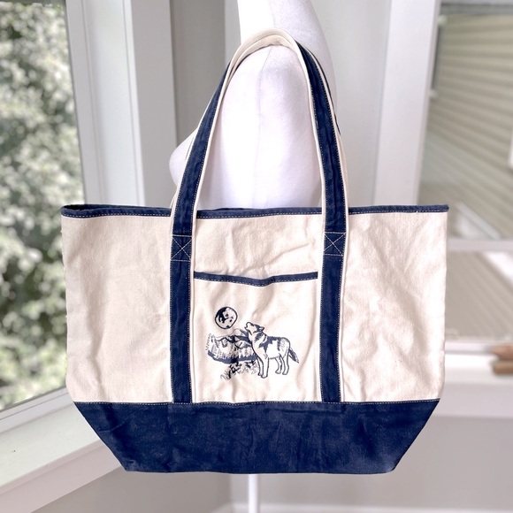 Vintage Ivory Navy Blue Embroidered Wolf Boat Oversized Tote Bag Fisherman Style - Picture 1 of 9